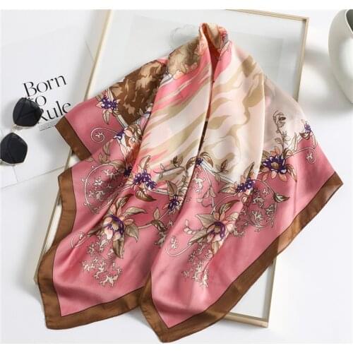 New Large Silk Scarf for Women Bandana Floral Print Neck Shawl Wraps Female Hijab Foulard Headband Lady Neckerchief Summer 2021