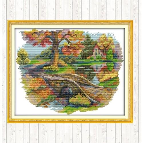 Autumn Scenery Cotton Thread Embroidery Needlework Sets Wall Home Decor Patterns Kits DIY Needlework Crafts Cross Stitch Kits