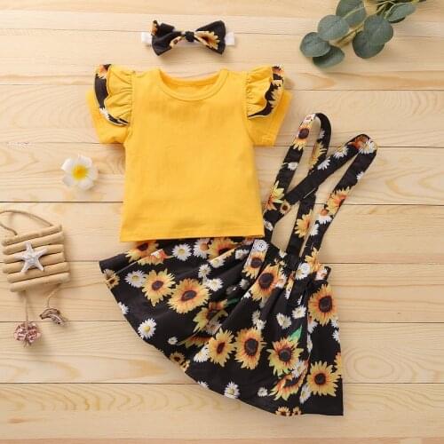 1-6Y Toddler Kids Baby Girl Short Sleeve Cotton T-shirt Tops Sunflower Suspender Skirt Headband 3PCS Girls Clothing Set