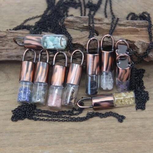 Essential Oil Roller Vial Pendant Necklace Antique Copper Gems Crystal Chip Perfume Bottle Charms Aromatherapy Jewelry QC1007