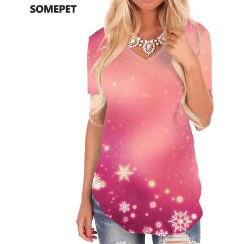 SOMEPET Christmas T Shirt Women Snowflake Tshirts Printed Pattern Funny T shirts Psychedelic V-neck Tshirt Womens Clothing