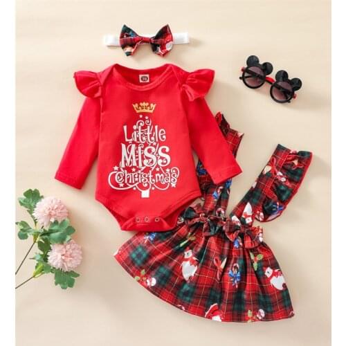 Baby Girls Christmas Outfits Crown Letter Print Long Sleeve Round Neck Playsuit + Plaid Overalls + Bowknot Headband 3 Piece Set