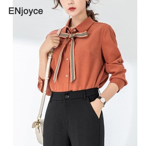 Vintage Brick Red Shirts Women Long Sleeve Lapel Blouse Office Ladies Workwear Korean Style Casual Loose Shirt with Bow Tie