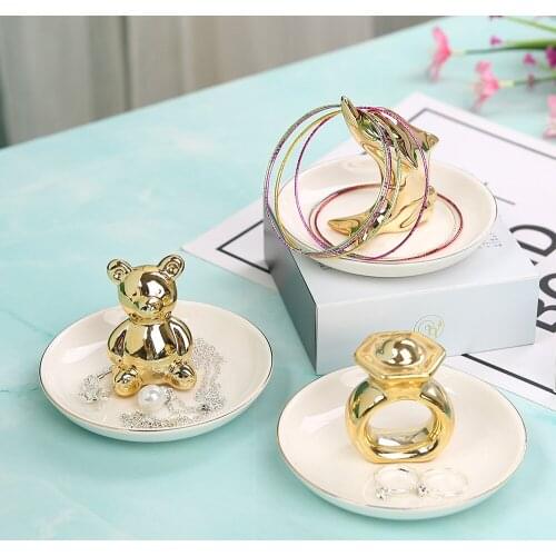 Nordic Ceramic Animal Sculpture Ornaments Gold Tray Creative Home Adornment Decoration Desktop Necklace Earring Storage Rack