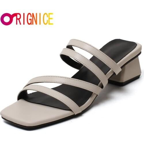 Orignice 2021 New Summer Slippers Mid Square Heels Slides Female Peep Toe Narrow Brand Sandals Women Big Size 34-43 Flip Flops