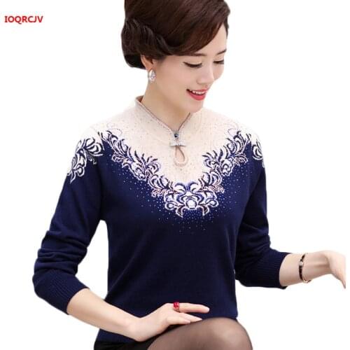 Women Cashmere Sweater V-Neck Autumn Middle-aged Mother Pullovers Fashion Slim Knit Coat Female Blouse Large Size Knitwear W1085