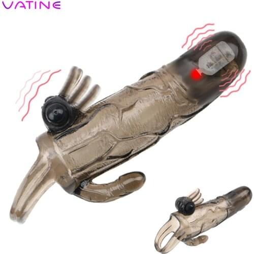 Penis Extender Double Vibrator Penis Sleeve Reusable Delayed Ejaculation Adult Sex Toys Man Cock Enlargement Condom For Men