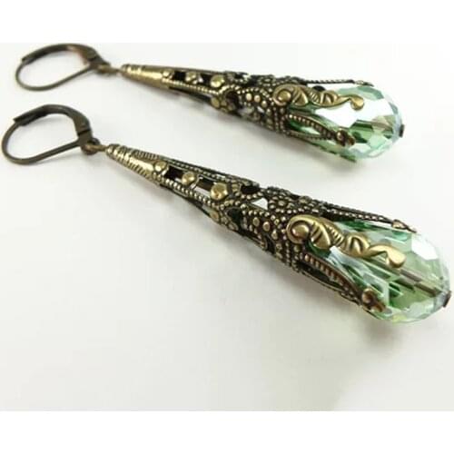 Vintage Drop Earring for Women Green Ice Crystal Retro Carving Hanging Female Earrings Fashion Jewelry Brincos 2019 O3X353