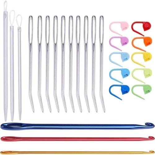 Nonvor 26pcs Large Eye Blunt Bent Tip Knitting Stitch Colorful Counter Metal Handle Crochet Hooks Handmade Sewing Wool Needles