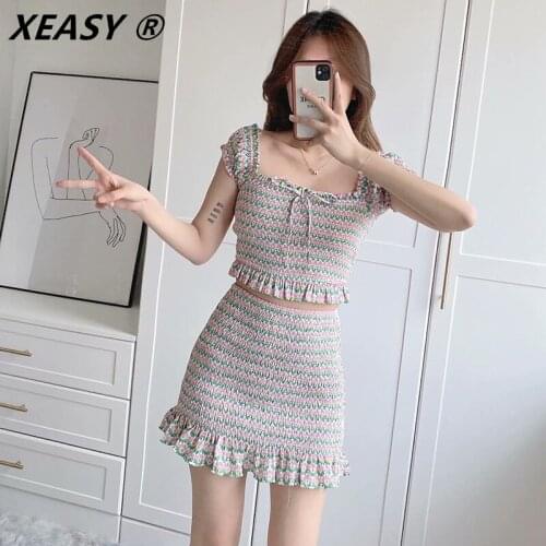 XEASY Women 2021 Chic Fashion Floral Print Smocked Elasitc Mini Skirt Vintage High Waist Ruffled Female Female Skirts Mujer