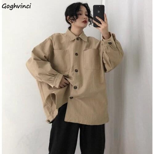 Women Shirts Harajuku Solid Streetwear Loose Female Turn-down Collar Simple Students Mujer Cargo Shirt Leisure Chic Retro Trendy