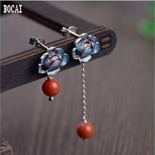 S925 silver retro ladies fashion ethnic style rich flowers tassels South red beads earrings