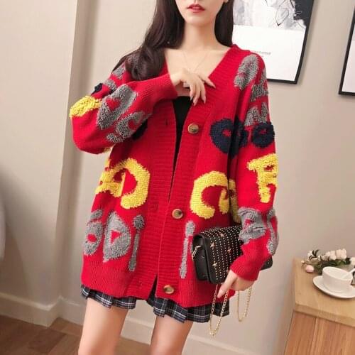 Korean Autumn Womens Plus Size Cardigan Coats Vintage Patchwork V-Neck Loose Long Knitwear Single-breasted Knitted Sweater Tops