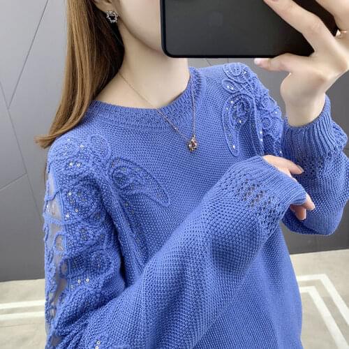 Hollow Knitted Sweater Womens Thin Spring And Summer New Style Stitching Mesh Sequins Loose Sweater Round Neck Solid Color Top