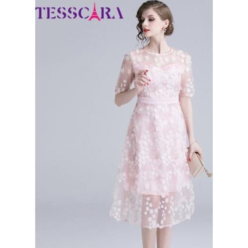 TESSCARA Women Summer Elegant Embroidery Mesh Dress Festa High Quality Pink Wedding Party Robe Designer Cocktail Vestidos