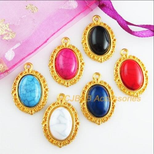 12 New Oval Charms Gold Color Retro Flower Mixed Acrylic Pendants 16.5x23mm