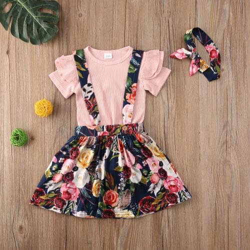 Sweet Kids Baby Girl 18M-5T Clothes Set Pink Short Sleeve T-Shirt Tops+Floral Suspender Skirts 3pcs Outfits Casual Clothing