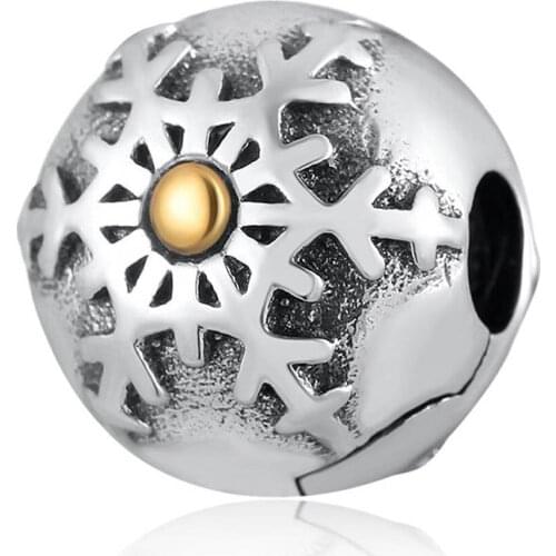 Authentic S925 Silver Vintage Snowflake Clip Stopper Charm fit Lady Bracelet Bangle For Women DIY Jewelry Marking