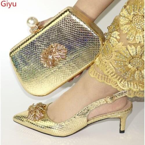 Doershow beautiful Italian matching gold shoe and bag set african wedding shoe and bag sets!HKK1-7