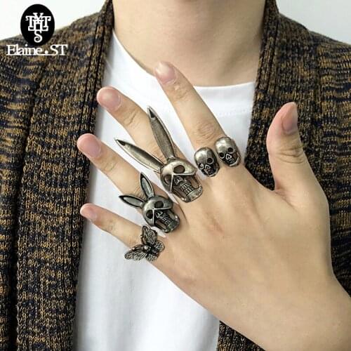 Wholesale 10 PCS Vintage Rabbit Skull Butterfly Rings Black Metal Texture Bad Bunny moths Ring Punk Hip-hop Mens Jewelry gifts