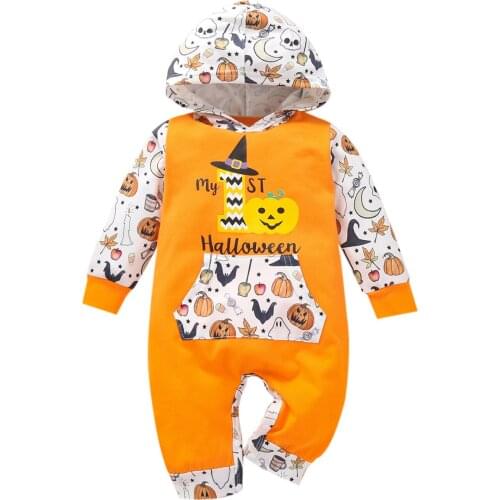 Novelty Infant Baby Pumpkin Print Rompers Autumn Halloween Clothes Long Sleeve Hooded Jumpsuit with Front Pocket 0-12Months