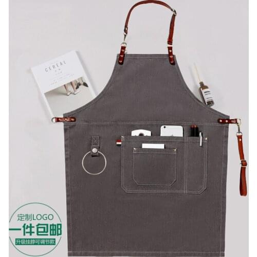 Korean version of denim apron custom logo printing and drawing flower artist cake shop coffee tea shop restaurant overalls