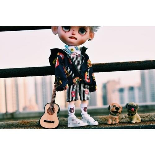 Blythes Doll Clothing fits with a stylish 1/6 size BJD 1/6 and OB22 cartoon bear coat + white T-shirt + striped overalls + socks