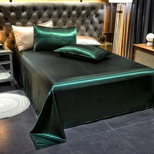 Solid Color Sleeping Sheet Set Green Satin Silky Bed Sheet with Pillowcase Bright Smooth Bed Spread Sheet Twin Full Queen King