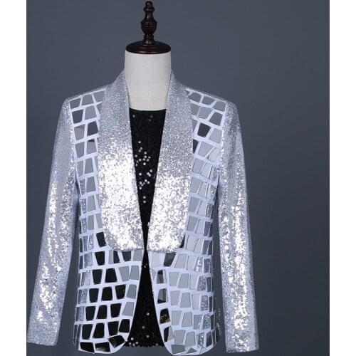 Rock Band Punk Blazer for Men 2021 Plaid Sequins Fashion Mens Dress Shawl Collar Blazers