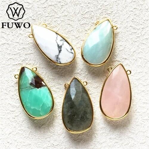 FUWO Natural Quartz Stone Pendant With Double Loops Gold Trimmed Fashion Labradorite Pink Quartz Onyx Pendant For Necklace PD238