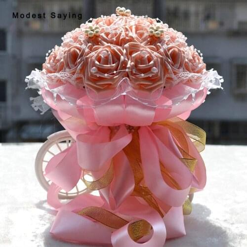 6 Colors Pink Artificial Flowers Wedding Bouquets 2017 Fashion Plastic Rose,Romantic Pearl Bridal Bouquet Wedding Accessories