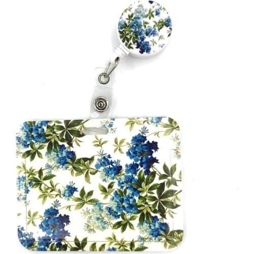 Blue Green Flowers Fashion Women Card Holder Lanyard Colorful Retractable Badge Reel Nurse Doctor Student Exhibition ID Card