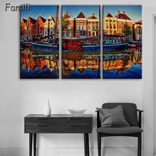 Nordic Decoration Modern Decorative Home Decor Picture 3 Piece Large Netherlands City Landscape Canvas Painting Pictures Modular
