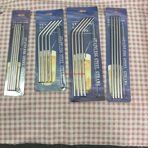 4Pcs/Set Reusable Straight Bent Stainless Steel Drinking Straws With 1 Pc Cleaning Cleaner Brush For Coffee Milk Drinkware