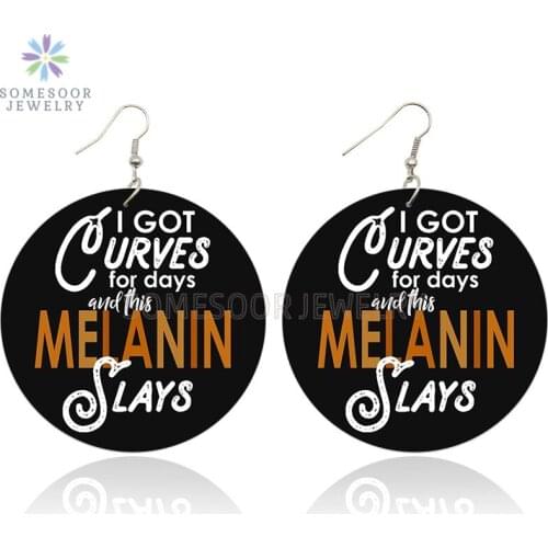 SOMESOOR Both Sides Print Melanin Sayings African Wooden Drop Earrings Black Writings Photos Wood Jewelry As Women Gift