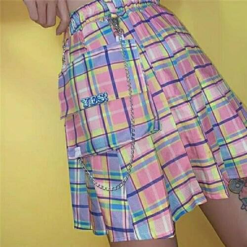 Summer Gothic Grunge Skirt Women High Waist Harajuku High Street Y2k Skirt Female Gradient Color Plaid Sweet Pleated Skirt 2021