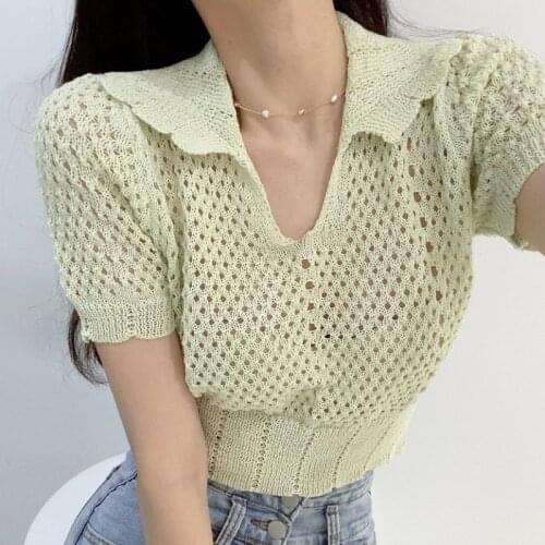Sweet and Gentle Hollow Mesh Waist Short Knit Sweater Womens Summer Light Mature Style Lace Lapel Short-Sleeved Shirt
