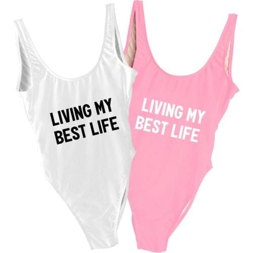 Living My Best Life Swimsuit 2021 Sexy White Summer Bathing Suit Women Push Up Open Back Swimewar Beach Swimming Suit Female New