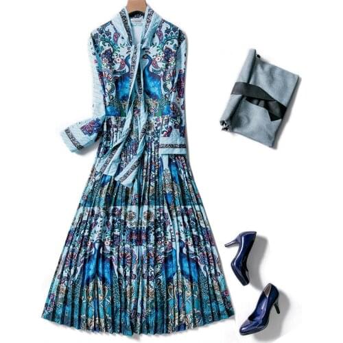 Runway Fashion Luxury Designers Women Bow Neck Blue Peacock Print Ladies Pleated Boho Long Maxi Dress Female Plus Size