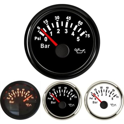 1pc 52mm Pointer Oil Pressure Gauges 10-184ohm 0-5Bar Black Dial Oil Pressure Device 0-75Psi Red Backlight for Car Boat Truck