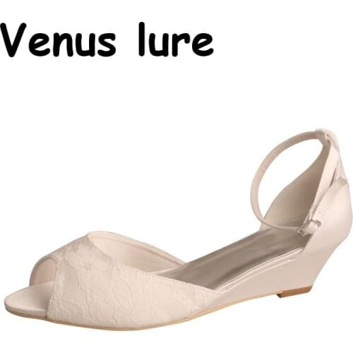 Ivory Lace Womens Wedge Sandals for Wedding Peep Toe Ankle Strap Shoes