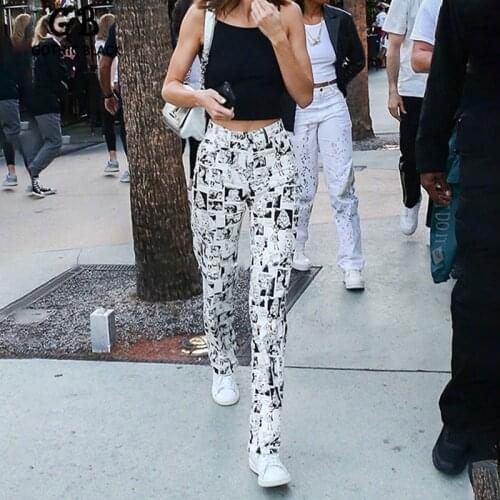 Gothblack Harajuku Casual High Waist Comics Print Slim Straight Pants Women Chic Slim Streetwear Trousers Autumn Fashion Bottoms
