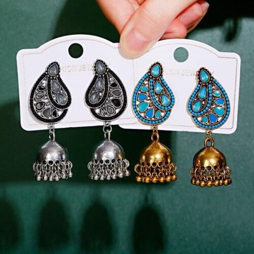 Ethnic Earrings Blue Leaf Beads Fashion Jewelry Women Vintage Bohemian Retro Tassel Bell Tibetan Indian Earrings