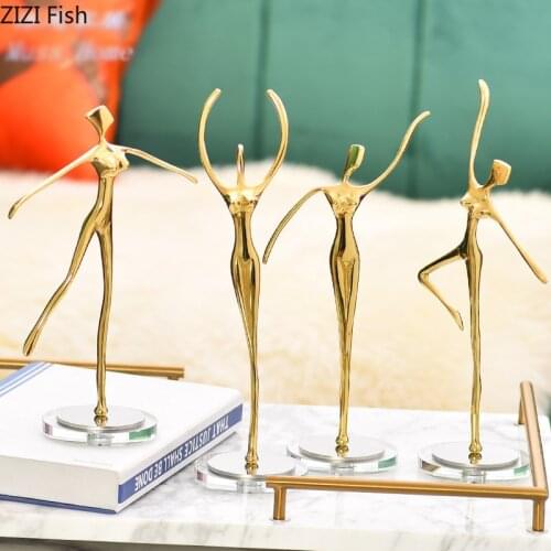 European Figurine Model Golden Ballerina Sculpture Desktop Pure Copper Crafts Ornaments Character Statue Home Decoration Modern