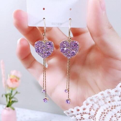Korean Fashion Long Chain Heart Drop Earrings For Women Exquisite Temperament Rhinestone Flower Earrings Girls Party Jewelry