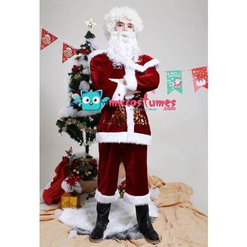 Men Adult Mr Santa Claus Bar Red Polyester Couple Outfit Cosplay Costume for Christmas with Beard Accessory and Shoe Cover
