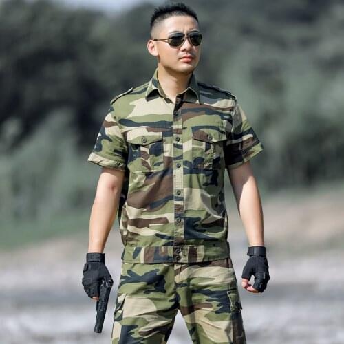 Cotton Camouflage Suit Men Women Short Sleeve Military Training Suit Wear-resistant Labor Insurance Work Clothes Spring Summer