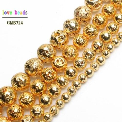 Natural Stone Gold Lava Hematite Round Loose Beads 4mm 6mm 8mm 10mm DIY Necklace Bracelet Jewelry Making Accessories