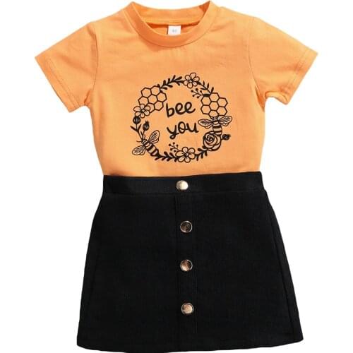 2PCS Toddler Girls Summer Clothes, Short Sleeve Wreath Letter Print Tops Button Skirt Set