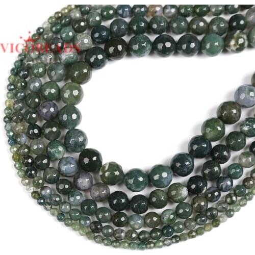 Natural Stone Faceted Moss Agates Round Gem Beads 15" Strand 4 6 8 10 12MM Pick Size For Jewelry Making